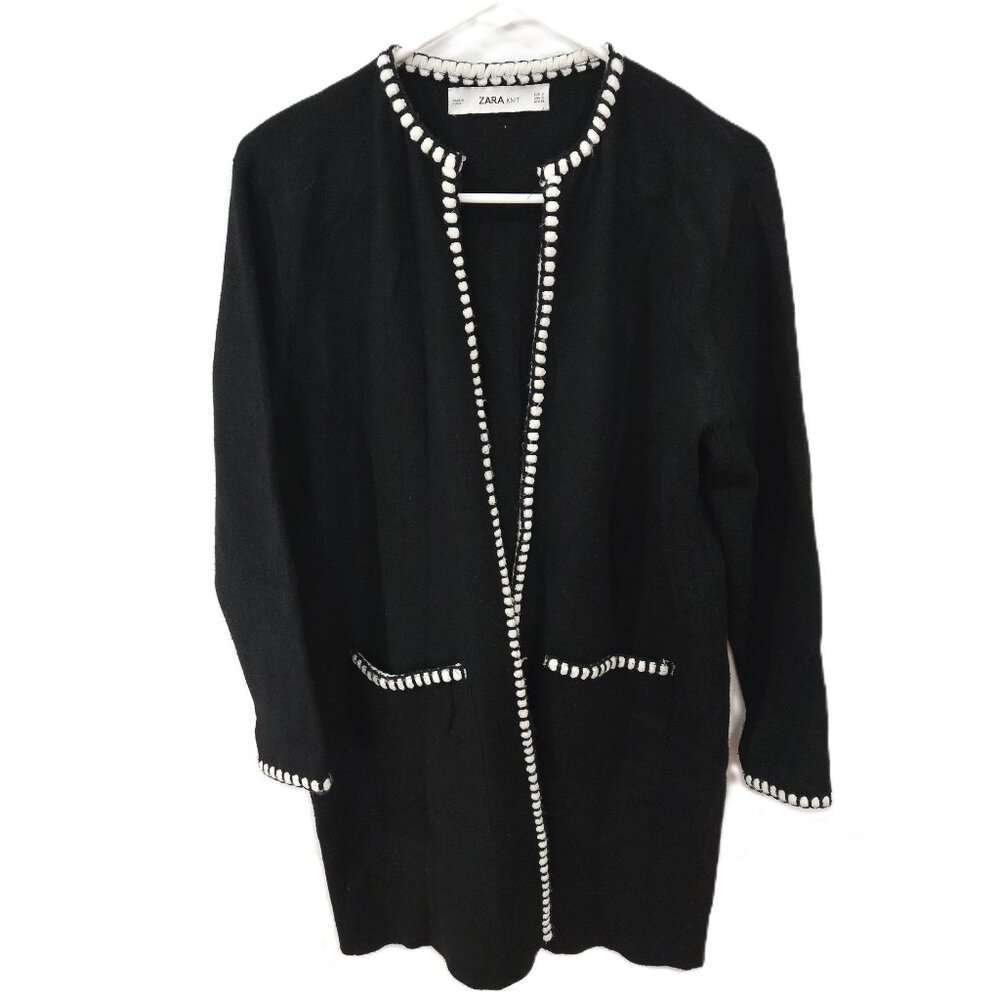 Zara Sz Small Womens Black With White Trim Knit Cardigan Sweater